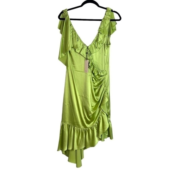 5 a 7 cinq a sept Petunya Ruffle Silk Dress Size 8 Prickly Pear Green V Neck - Picture 1 of 7